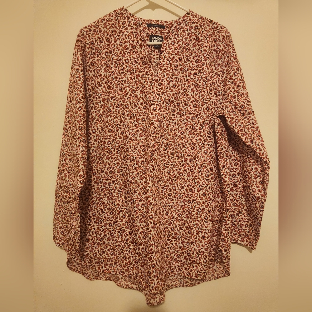 Lands' End White and Brown Printed Long Sleeve Blouse